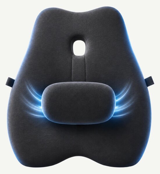 Perna lombara memory foam cu suport reglabil, husa catifea, Negru