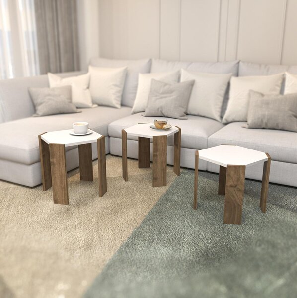 Set 3 măsuțe cafea Lorizolla (alb + nuc). 1106451