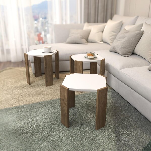 Set 3 măsuțe cafea Lorizolla (alb + nuc). 1106451