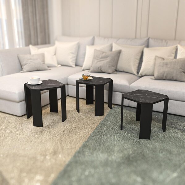 Set 3 măsuțe cafea Lorizolla (marmură negru + Negru). 1106452