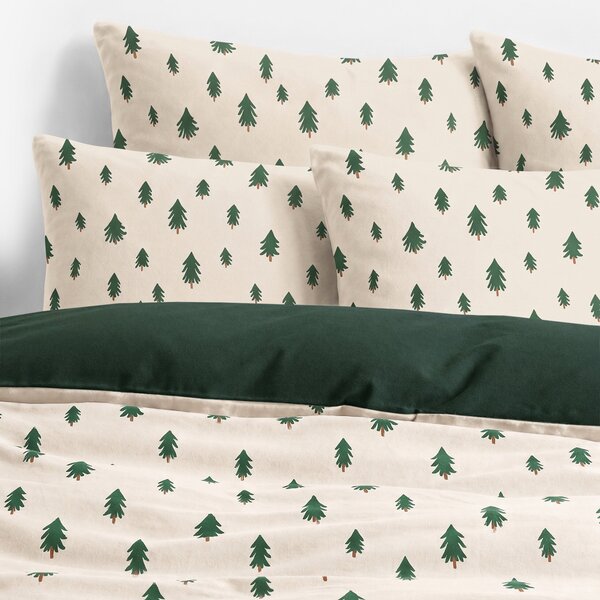 Goldea lenjerie de pat flanel duo - brazi pe bej natural cu verde închis 140 x 200 și 50 x 70 cm