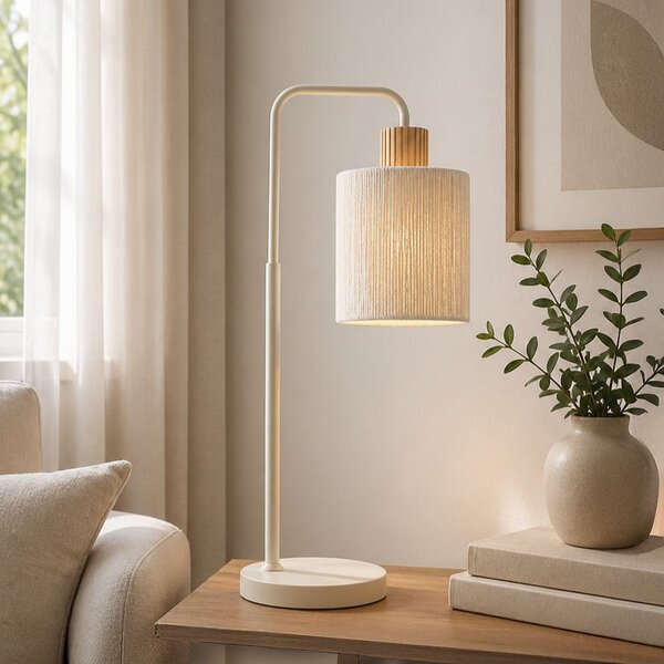 Brilliant Lampa de masă Arlo, bej, material textil/lemn, înălțime 58 cm, E27, Bej, Camera de zi / sufragerie, Țesătură / Textil, Modern