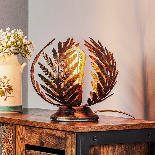 ONLI Lampa de masă Felce în formă ferigă din bronz, înălțime 24 cm, Bronz / Alamă Veche, Camera de zi / sufragerie, Metal