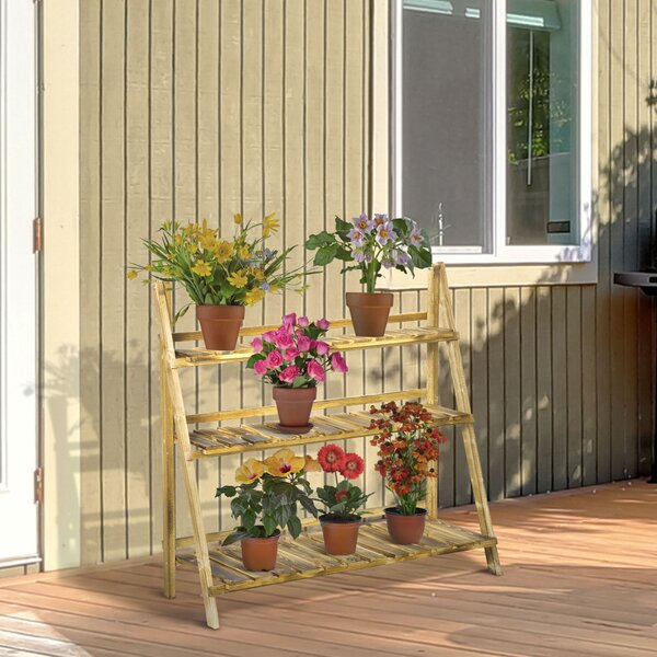 Outsunny Suport Pliabil pentru Plante din Lemn de Brad cu 3 Nivele, 100x37x93 cm, Lemn Natural | Aosom Romania