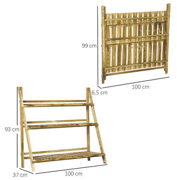 Outsunny Suport Pliabil pentru Plante din Lemn de Brad cu 3 Nivele, 100x37x93 cm, Lemn Natural | Aosom Romania