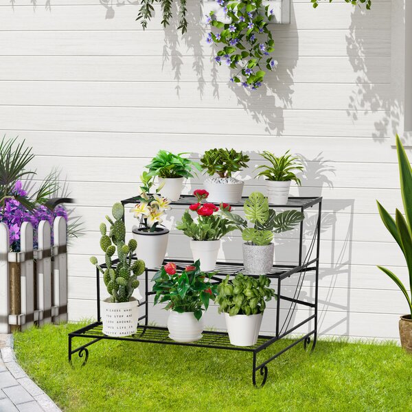 Outsunny Suport pentru Plante din Metal, Scară Suport pe 3 Niveluri pentru Ghivece de Grădina în Stil Vintage, 95x63x72 cm, Negru | Aosom Romania