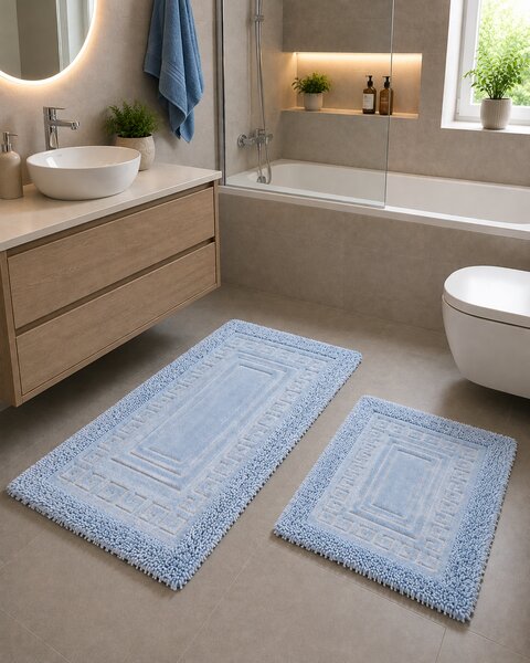 Set 2 Covorase Baie, Rombs 12 Albastru, Covor 100% Bumbac, Dimensiunea 60x100 cm