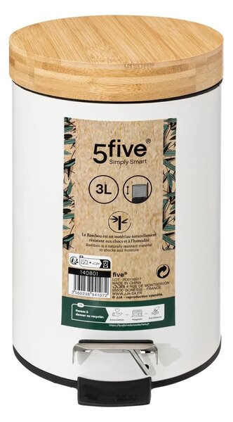 Cos de gunoi cu capac din bambus NATUREO 3L, alb