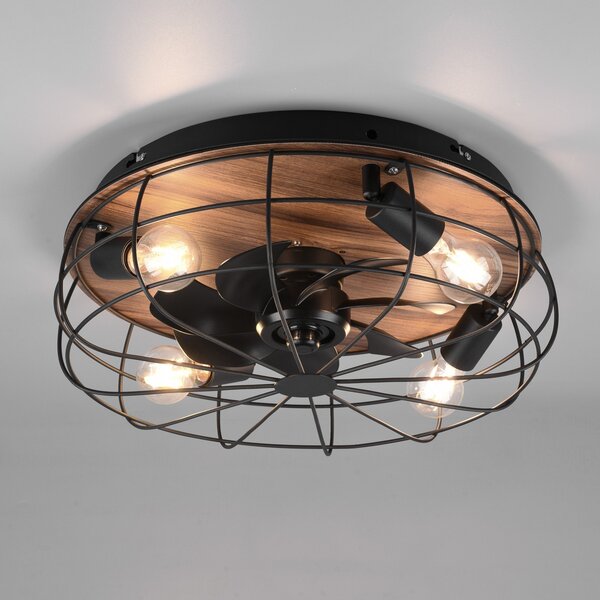 Reality Leuchten Ventilator tavan Trondheim, remote, 4xE27, lemn, Negru, Camera de zi / sufragerie, Metal, Modern