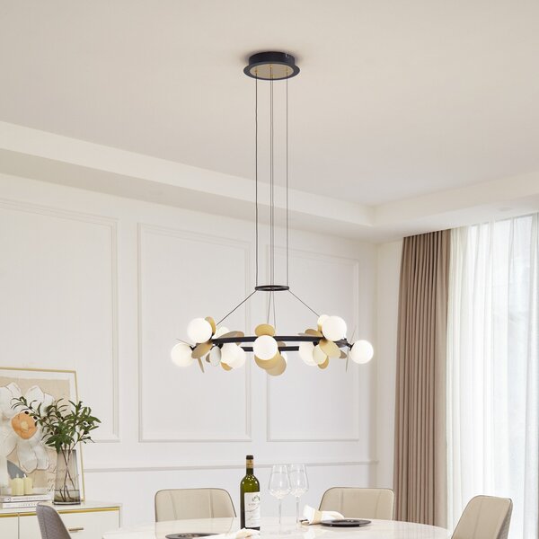 Lucande Lampă suspendată LED Pallo, 12 lumini, negru/auriu, sticlă, reglabil, Negru, Camera de zi / sufragerie, Metal, Modern