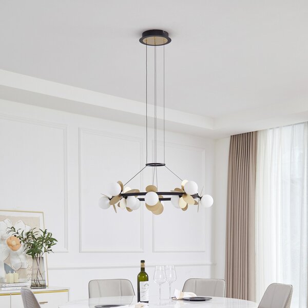 Lucande Lampă suspendată LED Pallo, 12 lumini, negru/auriu, sticlă, reglabil, Negru, Camera de zi / sufragerie, Metal, Modern
