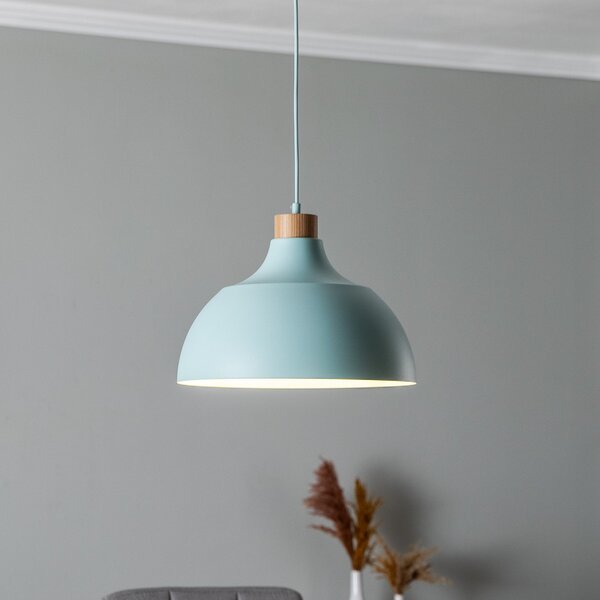 Envostar Lampă suspendată Kaitt, verde mentă, Ø 34 cm, detaliu din lemn, reglabil, Verde, Camera de zi / sufragerie, Metal, Scandinavă