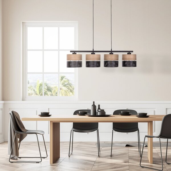 TK Lighting Lampă suspendată Nicol, negru/efect lemn, 94x20 cm 4 lumini x E27, reglabil, Negru, Camera de zi / sufragerie, Metal, Modern