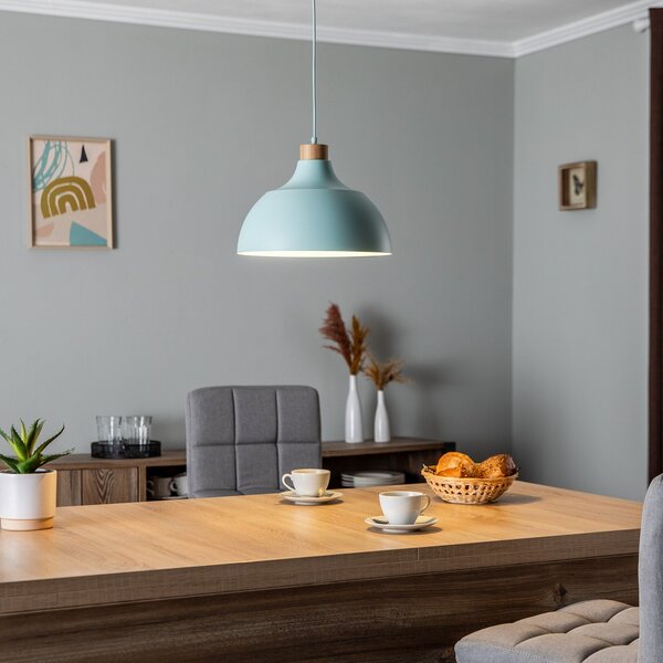 Envostar Lampă suspendată Kaitt, verde mentă, Ø 34 cm, detaliu din lemn, reglabil, Verde, Camera de zi / sufragerie, Metal, Scandinavă