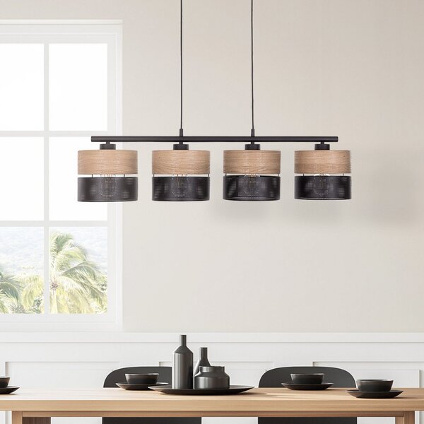 TK Lighting Lampă suspendată Nicol, negru/efect lemn, 94x20 cm 4 lumini x E27, reglabil, Negru, Camera de zi / sufragerie, Metal, Modern