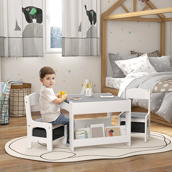 HOMCOM Set de Masă și Scaun pentru Copii, Set de Birou și Scaun pentru Copii 2-în-1 cu Tablă și Rafturi pentru Cărți, 61.5x61.5x48 cm, Gri | Aosom Romania