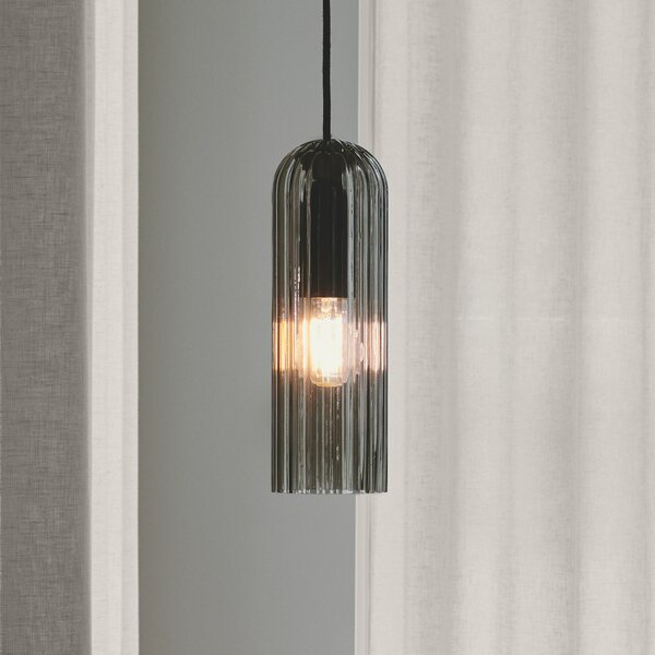 Nordlux Lampă suspendată Miella, sticlă striată, gri fumuriu/negru, reglabil, Negru, Camera de zi / sufragerie, Sticlă