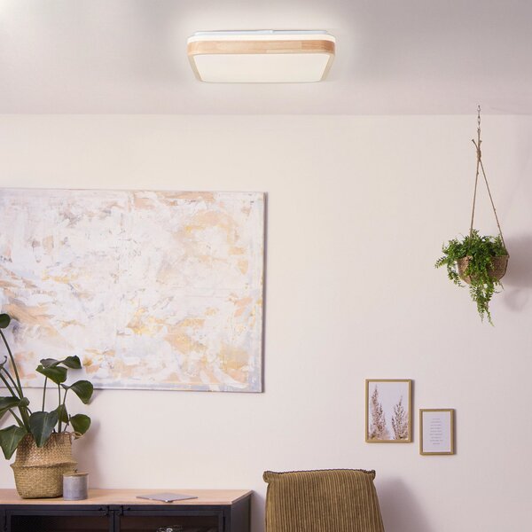 Brilliant Plafonieră LED Tumeo, lungime 40 cm, lemn deschis, metal/lemn, Lemn, Camera de zi / sufragerie, Lemn, Modern