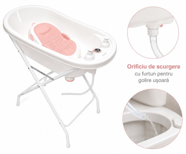 Cadita bebe cu suport metalic pliabil Kidizi Aquajoy roz – termometru integrat, suport de baie, furtun de scurgere si recipiente cu pompita