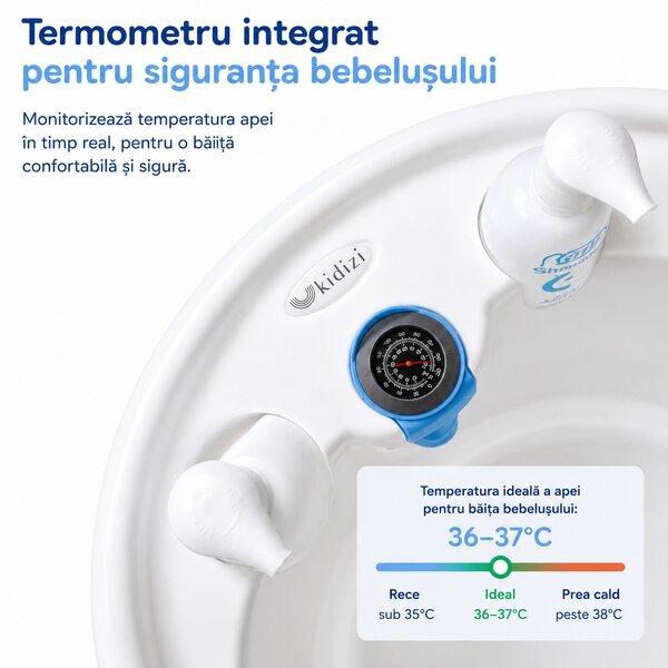 Cadita bebe cu suport metalic pliabil Kidizi Aquajoy albastru – termometru integrat, suport de baie, furtun de scurgere si recipiente cu pompita