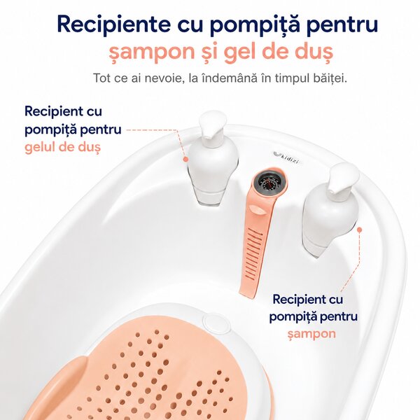 Cadita bebe cu suport metalic pliabil Kidizi Aquajoy roz – termometru integrat, suport de baie, furtun de scurgere si recipiente cu pompita