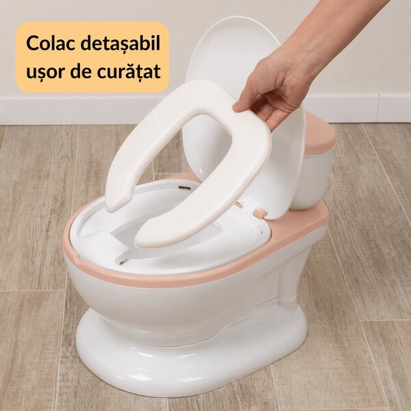 Olita muzicala interactiva cu sunete Kidizi MiniLoo roz, minitoaleta, adaptor moale din spuma PU, capac rabatabil, vas colector detasabil, suport hartie