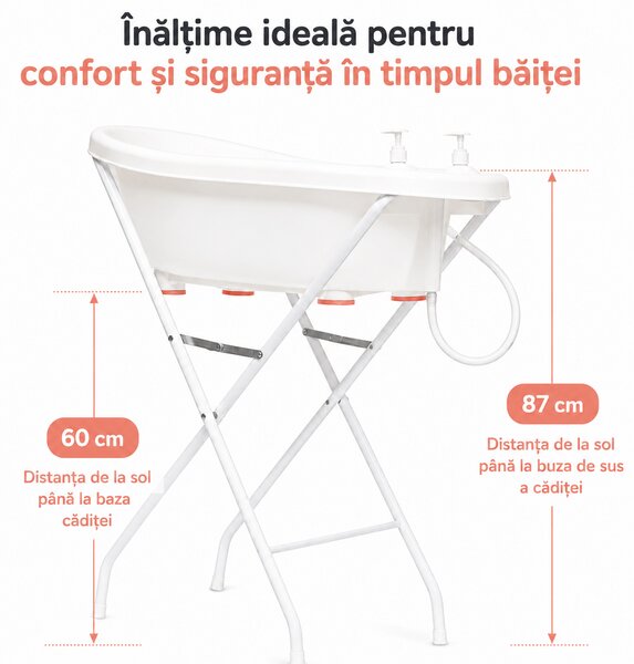 Cadita bebe cu suport metalic pliabil Kidizi Aquajoy roz – termometru integrat, suport de baie, furtun de scurgere si recipiente cu pompita