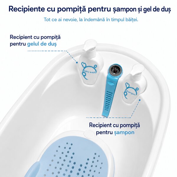 Cadita bebe cu suport metalic pliabil Kidizi Aquajoy albastru – termometru integrat, suport de baie, furtun de scurgere si recipiente cu pompita