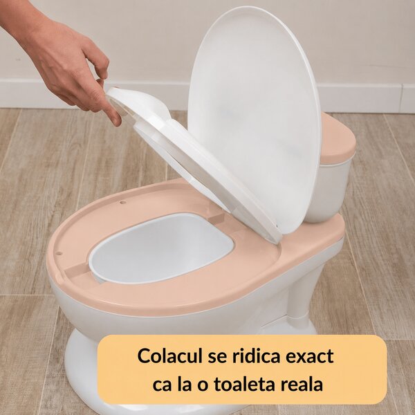 Olita muzicala interactiva cu sunete Kidizi MiniLoo roz, minitoaleta, adaptor moale din spuma PU, capac rabatabil, vas colector detasabil, suport hartie