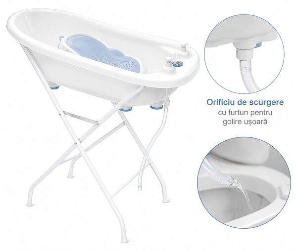 Cadita bebe cu suport metalic pliabil Kidizi Aquajoy albastru – termometru integrat, suport de baie, furtun de scurgere si recipiente cu pompita