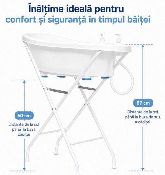 Cadita bebe cu suport metalic pliabil Kidizi Aquajoy albastru – termometru integrat, suport de baie, furtun de scurgere si recipiente cu pompita