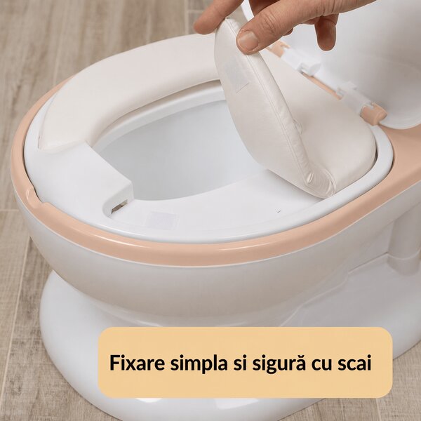 Olita muzicala interactiva cu sunete Kidizi MiniLoo roz, minitoaleta, adaptor moale din spuma PU, capac rabatabil, vas colector detasabil, suport hartie