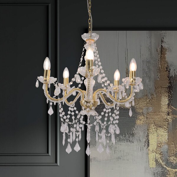 Näve Candelabru Cecilia, auriu, fier/acrilic, Ø 52 cm, 5 lumini., reglabil, Auriu / Alamă, Camera de zi / sufragerie, Metal