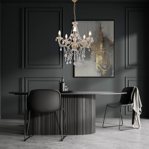 Näve Candelabru Cecilia, auriu, fier/acrilic, Ø 52 cm, 5 lumini., reglabil, Auriu / Alamă, Camera de zi / sufragerie, Metal