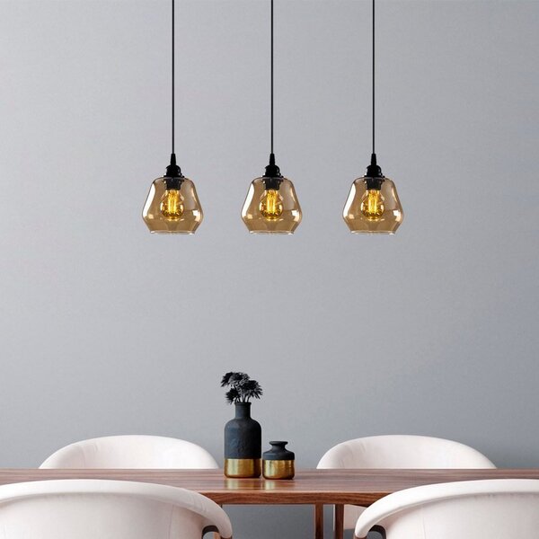 Opviq Lampă suspendată Gold 032, auriu-transparent, sticlă, 3 becuri, lungă, reglabil, Auriu / Alamă, Camera de zi / sufragerie, Sticlă