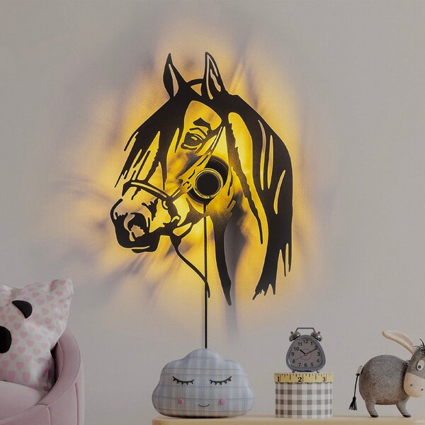 Opviq Aplică de perete Horse, negru, metal, 57 x 41 cm, cablu cu ștecher, Negru, Camera de zi / sufragerie, Metal, Modern