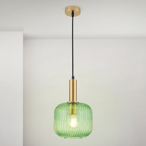 ORION Lampă suspendată Carneval, alamă antică/verde, Ø 20 cm, sticlă, reglabil, Verde, Camera de zi / sufragerie, Sticlă