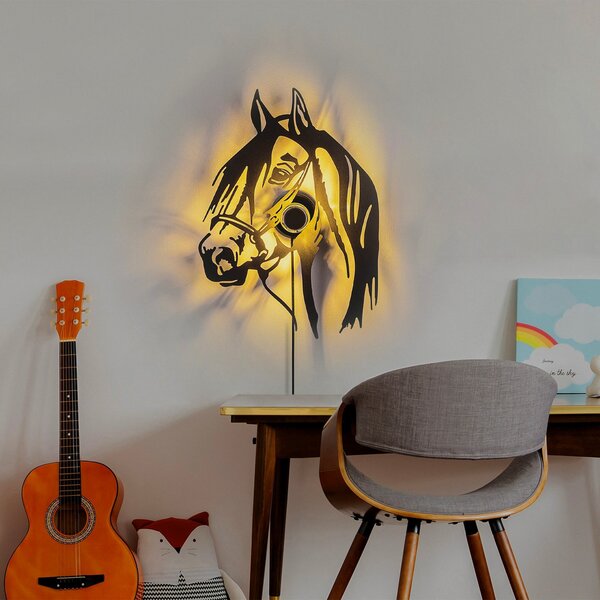 Opviq Aplică de perete Horse, negru, metal, 57 x 41 cm, cablu cu ștecher, Negru, Camera de zi / sufragerie, Metal, Modern