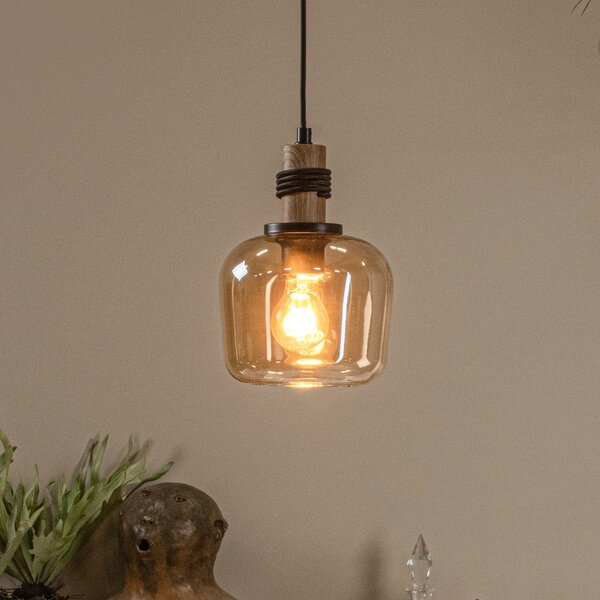 Lucide Lampă suspendată Ilona, sticlă, Ø 18 cm, negru/ambră, 1 bec, reglabil, Camera de zi / sufragerie, Sticlă