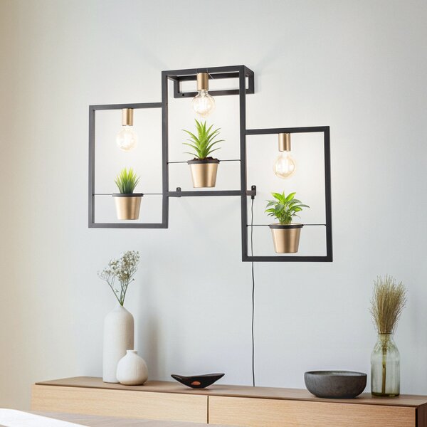 Luminex Aplică Flores, 3 lumini, negru/auriu, cu priză, reglabil, Negru, Camera de zi / sufragerie, Metal, Modern