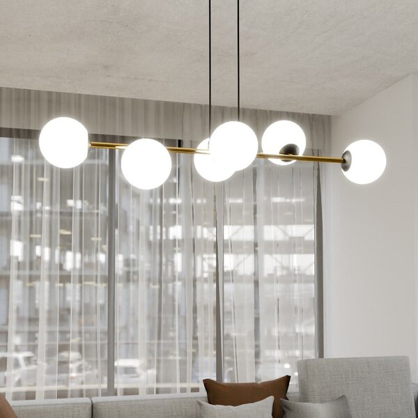 EMIBIG LIGHTING Lampă suspendată Gravity, alb opal/auriu/negru, sticlă, E14, reglabil, Auriu / Alamă, Camera de zi / sufragerie, Sticlă, Modern