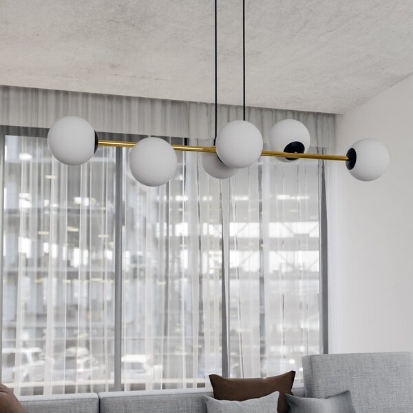 EMIBIG LIGHTING Lampă suspendată Gravity, alb opal/auriu/negru, sticlă, E14, reglabil, Auriu / Alamă, Camera de zi / sufragerie, Sticlă, Modern