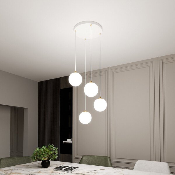 EMIBIG LIGHTING Lampă suspendată Royal, 4 becuri, alb opal/alb, sticlă, E14, reglabil, Alb, Camera de zi / sufragerie, Sticlă, Modern