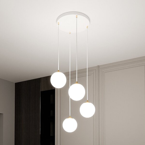 EMIBIG LIGHTING Lampă suspendată Royal, 4 becuri, alb opal/alb, sticlă, E14, reglabil, Alb, Camera de zi / sufragerie, Sticlă, Modern