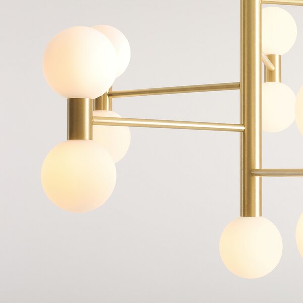 ALDEX Lampa suspendată Flare, 13 becuri, alamă/alb opal, sticlă, reglabil, Auriu / Alamă, Camera de zi / sufragerie, Sticlă, Modern