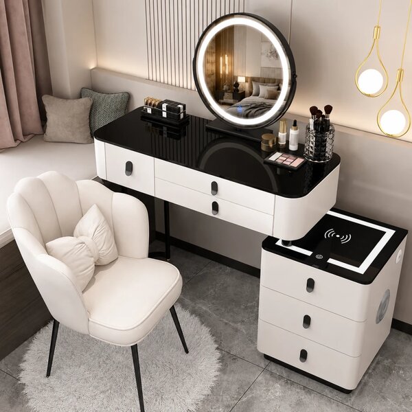 Set Margot Long, Masă de toaletă pentru machiaj cu oglindă iluminată LED, control touch, 6 sertare, comoda, scaun, Difuzor Bluetooth, zona încărcare fără fir, Alb, 100x40x75 cm