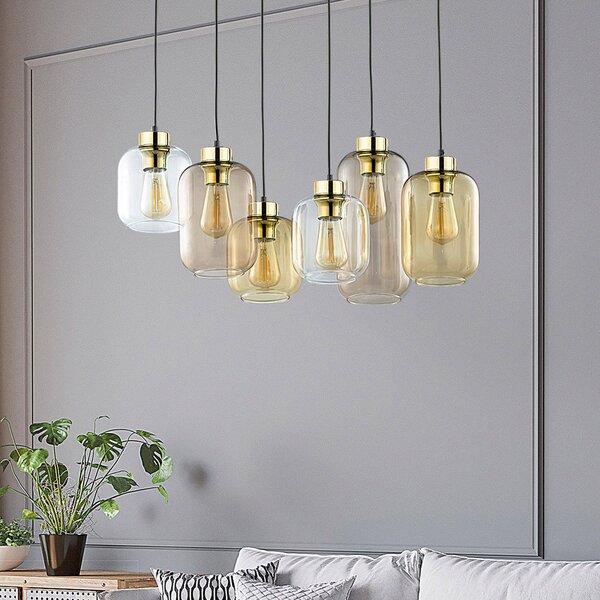 TK Lighting Lampă suspendată Marco Brown, 6 becuri, transparentă/maro, reglabil, Transparent, Camera de zi / sufragerie, Sticlă, Modern