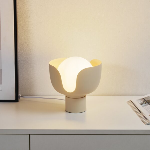 Lindby Lampă de masă Fiora, bej, sticlă, metal, Ø 20 cm, Bej, Camera de zi / sufragerie, Metal, Modern, Ecran de masă în poziție verticală