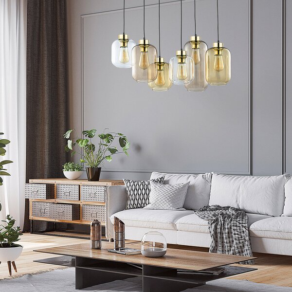 TK Lighting Lampă suspendată Marco Brown, 6 becuri, transparentă/maro, reglabil, Transparent, Camera de zi / sufragerie, Sticlă, Modern