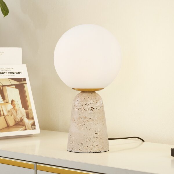 Lindby Lampă de masă Kirstan, bej, alb, sticlă, piatră, 33 cm, Alb, Camera de zi / sufragerie, Sticlă, Modern